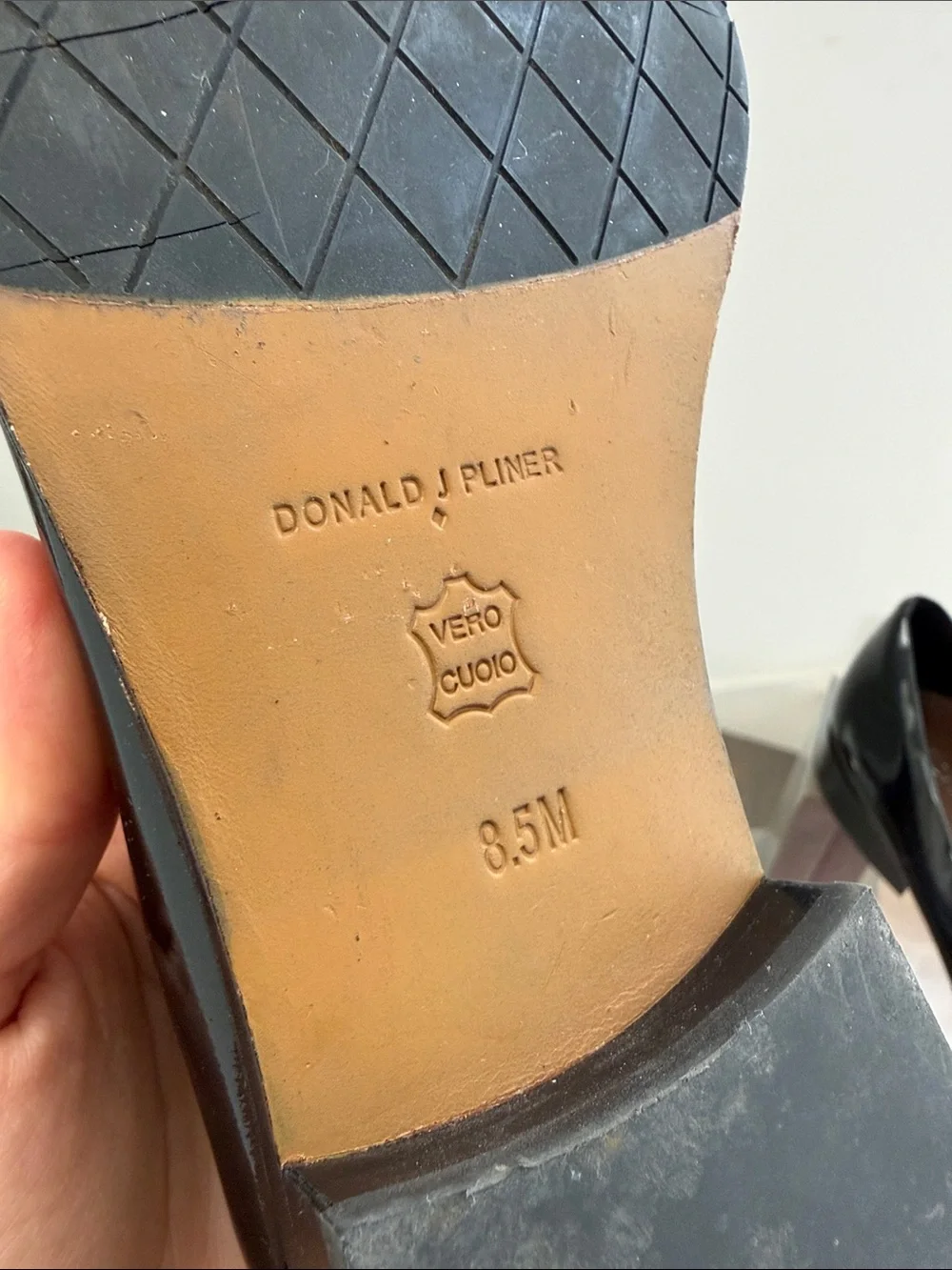 Donald J. Pliner Black Patent & Haircalf Loafers with Silver Chain